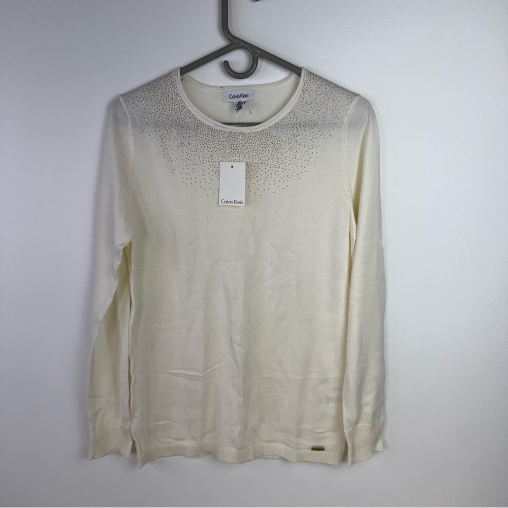 Calvin Klein Cream Rhinestone Embellished Long Sleeve Crew Neck Sweater Size M